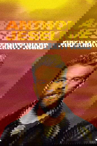 The poster features Anthony Jeselnik with a rugged, intense expression against a fiery orange and yellow background. The bold text announces the movie's title, evoking themes of danger and urgency. The warm, dramatic colors and intense gaze create a suspenseful and dramatic mood.