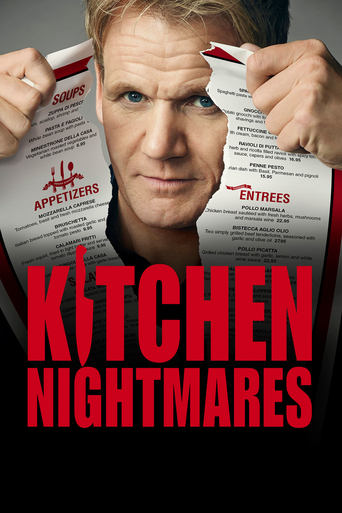 The poster features a close-up of a man with intense, concerned eyes as he holds up torn paper documents, suggesting chaos and stress. Dominating the lower portion is bold red text reading "KITCHEN NIGHTMARES," creating a stark contrast against the dark background. The overall composition conveys...