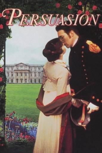 This movie poster features a romantic scene with a man in a dark suit kissing a woman in a cream dress, set against a backdrop of a grand white building and lush greenery. The warm colors and intimate embrace convey a timeless romance, while the title "Persuasion" in elegant script adds a touch o...