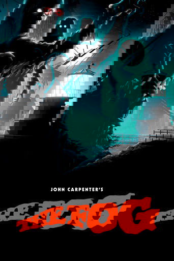 The poster features a dark, eerie scene with a towering figure holding a lantern, glowing red eyes, and a moonlit lighthouse in the background. The color palette is dominated by deep blues and blacks, creating a mysterious and spooky atmosphere.