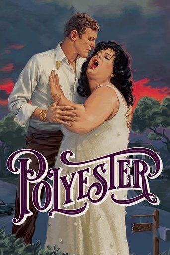 The poster features a romantic couple embracing against a dramatic sky with red and blue hues. The title "Polyester" is elegantly written in purple script, suggesting a blend of romance and intrigue.