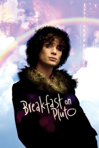 The poster features a woman with curly hair and a fur-lined coat against a dreamy, colorful backdrop of a rainbow and city lights. The title "Breakfast on Pluto" is prominently displayed in a whimsical font, evoking a sense of wonder and fantasy.