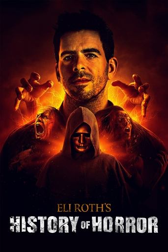 The poster features a menacing man with glowing orange eyes, surrounded by shadowy figures in dark robes. The fiery red and orange hues create an ominous atmosphere, while the bold title text at the bottom emphasizes the show's dark horror theme.