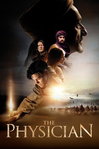 The poster features a dramatic scene with a man in a white coat running toward the viewer, while a silhouette of a man in a turban looms above him. The warm golden light suggests hope and urgency, and the dark background adds tension. The title "The Physician" is prominently displayed at the bottom.