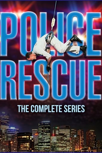 The poster features a dynamic scene with a police officer in a white uniform, suspended mid-air against a dramatic cityscape backdrop. The bold blue text "POLICE RESCUE" dominates the upper portion, while the word "THE COMPLETE SERIES" sits below. The vibrant colors and action-oriented imagery co...