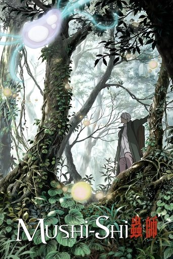 The poster depicts a mysterious forest scene with a lone figure standing in the distance, surrounded by towering trees and glowing mushrooms. The colors are muted greens and browns, creating an eerie yet enchanting atmosphere. The title "Mushi-Shi" appears in elegant, glowing lettering at the bot...