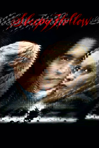 This movie poster features a dramatic scene with a man and woman in the foreground, their expressions conveying tension and mystery. The dark, moody background with a silhouette of a horse adds to the suspenseful atmosphere. The title "Sleepy Hollow" is prominently displayed in red, emphasizing t...