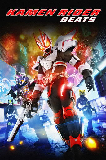 The poster features a dynamic action scene with a central figure in a striking red and white Kamen Rider Geats suit, wielding a futuristic weapon. Surrounding him are other characters in colorful, futuristic outfits, suggesting an intense battle. The vibrant colors and dramatic lighting create a ...