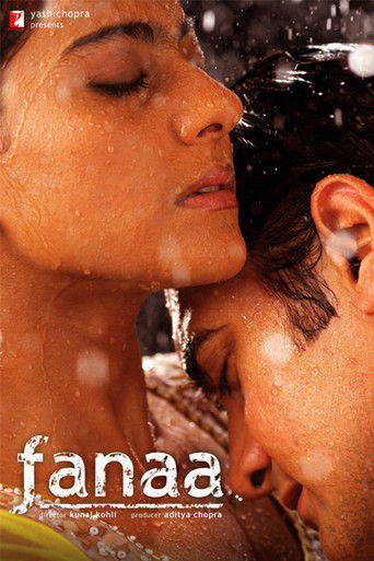 The poster features a tender, intimate close-up of two women sharing a moment of connection. The warm, golden hues of their skin contrast with the cool, icy tones of the falling snow, creating a dreamy and romantic atmosphere. The title "Fanaa" is elegantly displayed in white, emphasizing the fil...