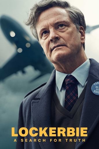 The poster features a somber, serious portrait of actor Kevin Bacon in a dark suit against a blurred background of a plane. The muted tones of gray and blue evoke a sense of mystery and gravity, while the bold yellow text "Lockerbie" and the subtitle "A Search for Truth" emphasize the dramatic an...