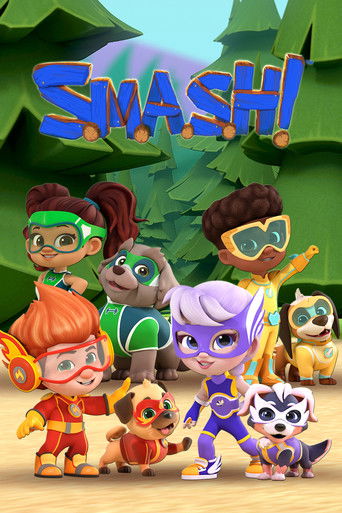 This vibrant poster features a group of colorful, animated characters in playful poses against a bright green backdrop. The lively characters, including a red-haired boy, a purple-skinned girl, and a raccoon, exude fun and adventure. The bold blue title "S.M.A.S.H.!" dominates the top, while the ...