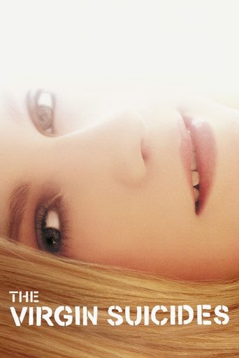 The poster features a close-up of a woman's face, her eyes gazing upward with a serene yet melancholic expression. The soft, warm lighting enhances the intimate and emotional atmosphere, while the title "The Virgin Suicides" is elegantly displayed in white text against the golden hair.
