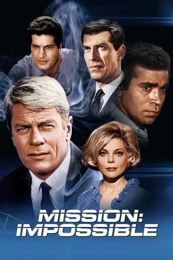 The poster features five characters against a dark blue background, with a dramatic, suspenseful mood. The title "Mission: Impossible" is prominently displayed in bold white letters at the bottom.