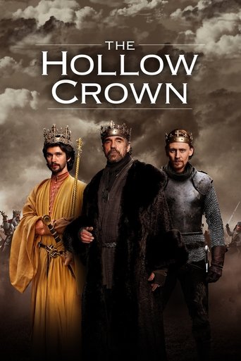 The poster features three medieval figures in dramatic poses against a stormy sky, with rich colors like gold, black, and brown. The mood is mysterious and epic, hinting at a historical drama or fantasy story about a crownless king.
