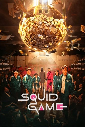 The poster features a dramatic scene with a large, golden, spherical object hanging from the ceiling, surrounded by floating money and debris. In the foreground, a group of characters dressed in green and blue uniforms stand confidently, exuding confidence and determination. The warm lighting and...