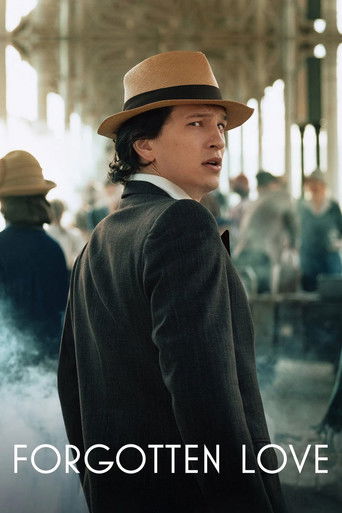 The poster features a man in a brown hat and dark coat, looking back over his shoulder with a contemplative expression. The background is softly blurred, showing other figures in similar attire, suggesting a historical setting. The muted tones and soft lighting evoke a nostalgic and slightly mela...