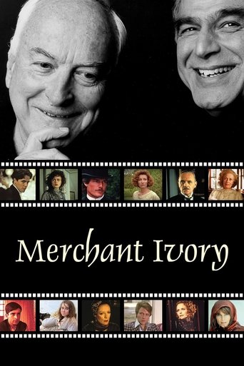 The poster features two smiling men in black-and-white, evoking a classic Hollywood feel. The film's title, "Merchant Ivory," is elegantly displayed in white script against a dark background. The film's title is elegantly displayed in white script against a dark background.