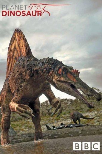 This TV show poster features a majestic Spinosaurus standing on a rocky beach, with a smaller dinosaur nearby. The scene is set in a prehistoric environment with dramatic lighting and rich earthy tones. The BBC logo suggests a documentary or educational program.