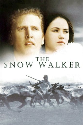 The poster features a dramatic split between two characters: a man with a serious expression and a woman with a contemplative look, both set against a snowy backdrop. The title "The Snow Walker" is prominently displayed in bold, white letters. Below, a lone figure rides a horse through a desolate...