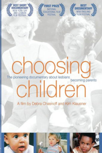 The poster features a soft, sepia-toned background with faded portraits of smiling adults and children, evoking a warm, nostalgic atmosphere. The title "Choosing Children" is prominently displayed in bold orange text, drawing attention to the film's theme. The overall design suggests a documentar...