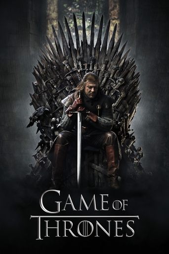 The poster features a central figure seated on the Iron Throne, exuding power and authority. The dark, moody atmosphere with muted tones and shadowy figures in the background create a sense of mystery and tension. The title "Game of Thrones" is prominently displayed at the bottom, emphasizing the...