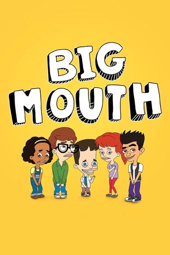 The poster features five animated characters against a vibrant yellow background, with the bold title "BIG MOUTH" in white and black. The characters, ranging from young boys to teens, exude a playful and energetic mood, suggesting a fun and engaging animated series.