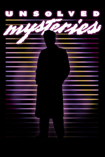 A silhouette stands against a backdrop of neon purple and yellow horizontal lines, evoking a mysterious atmosphere. The title "Unsolved Mysteries" glows in bold, glowing text above the figure.