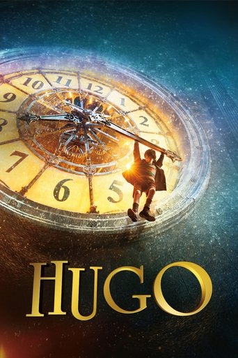 The poster features a young boy holding a giant clock, set against a starry night sky. The warm golden glow contrasts with the deep blue background, creating a mysterious and hopeful atmosphere. The title "HUGO" is prominently displayed in bold, golden letters at the bottom.