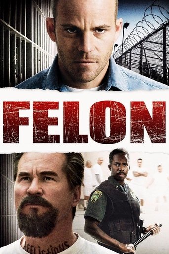 The poster features a gritty, intense atmosphere with a muscular man in a blue shirt dominating the top section, while a bearded man in the foreground exudes rugged confidence. The bold red title "FELON" commands attention against a backdrop of industrial bars and a city skyline, evoking a sense ...