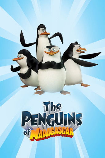 The vibrant poster features four animated penguins against a dynamic blue background with radiating light beams, creating an energetic and playful atmosphere. The title "The Penguins of Madagascar" is prominently displayed in bold, colorful lettering, emphasizing the show's adventurous and humoro...