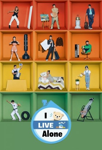 This vibrant poster features a grid of colorful cubbies housing various scenes from the movie "Home Alone." The playful, cheerful atmosphere is enhanced by bright orange, yellow, and green hues. Characters are depicted in dynamic poses, adding a sense of liveliness. The central "I Live Alone" log...