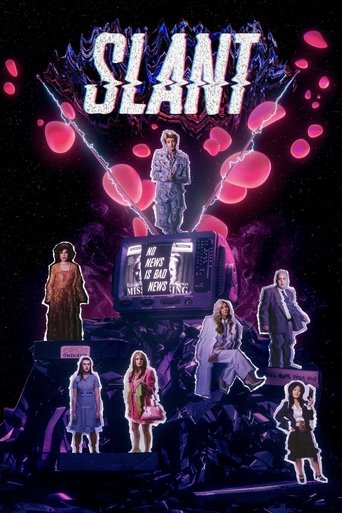 The poster features a group of characters in a dramatic, neon-lit scene with vibrant pink and purple hues. The title "SLANT" is prominently displayed at the top, while the characters appear to be in various poses, some standing and others sitting or kneeling. The overall mood is mysterious and at...