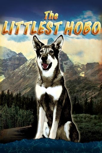 The Littlest Hobo poster features a cheerful Siberian Husky sitting on a mountain path, surrounded by lush greenery and majestic peaks. The warm, golden hues of the title and the dog's fur evoke a sense of adventure and warmth, while the soft blue sky adds a serene backdrop.