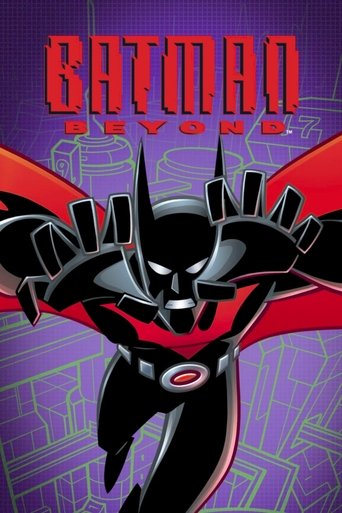 The poster features Batman Beyond in a dynamic pose against a vibrant purple and red background. The character's sleek black suit contrasts sharply with the bold, comic-style typography. The mood is intense and action-oriented, capturing the essence of the superhero's heroic spirit.