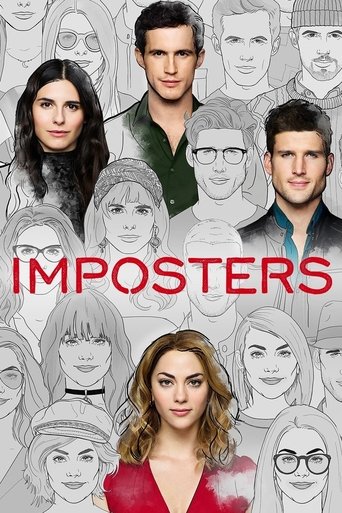 The poster features a collage of diverse characters, each with a unique expression and attire, set against a neutral background. The bold red text "IMPOSTERS" stands out prominently, suggesting themes of deception and social engineering. The overall composition conveys a mysterious and intriguing...