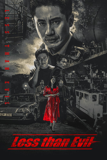The poster features a dramatic scene with a man in the foreground, a woman in a red dress standing in the middle, and a vintage car in the background. The mood is mysterious and suspenseful, with a gritty, noir aesthetic. The title "Loss than Evil" is prominently displayed at the bottom.