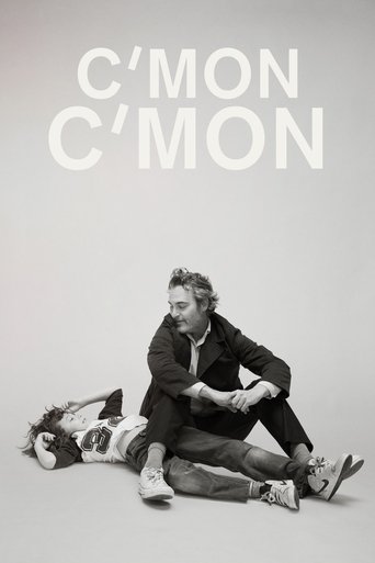 The poster features two figures in a monochrome setting, one sitting while the other lies on the floor. The stark black-and-white aesthetic and minimalist composition evoke a sense of mystery and intrigue, with the bold typography "C'MON C'MON" dominating the top.