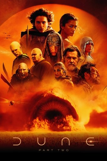 The poster features a dramatic scene with characters in fiery orange and red tones, creating a sense of urgency and danger. The central figure stands out against the backdrop of a swirling vortex, symbolizing chaos and destruction. The title "Dune: Part Two" is prominently displayed at the bottom...