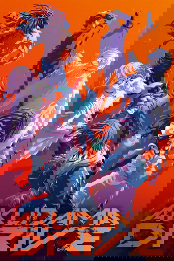 This vibrant anime poster features a dynamic group of characters in motion against an orange background, exuding energy and excitement. The bold title "AKUDAMA DRIVE" anchors the composition, emphasizing the show's thrilling narrative.