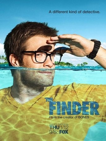 The poster features a man in a yellow shirt standing partially underwater, with his hand shielding his eyes. The title "The Finder" is prominently displayed in blue letters, accompanied by the tagline "A different kind of detective." The background shows a serene beach scene with a clear blue sky...