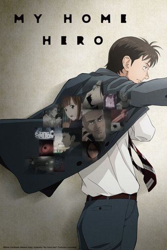 The poster features a young man in a white shirt and tie, holding a dark coat that reveals a collage of faces and objects inside. The background is a muted beige, and the title "MY HOME HERO" is prominently displayed at the top. The mood is mysterious and slightly melancholic, suggesting themes o...