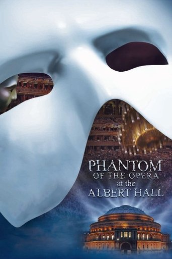 The poster features a white opera mask with dark, mysterious eyes, evoking the classic Phantom of the Opera. The Royal Albert Hall is depicted in the background, bathed in warm, golden light. The overall mood is mysterious and theatrical, with a blend of cool blues and warm tones.