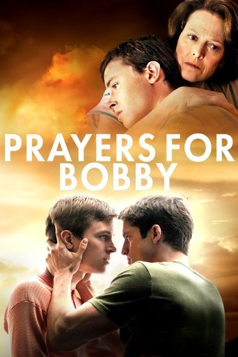 The poster features a dramatic scene with three young men in a warm, sunset-lit setting. The central focus is on the title "Prayers for Bobby" in bold white letters, evoking a sense of hope and emotional depth. The overall mood is one of longing and connection, suggesting a story about friendship...