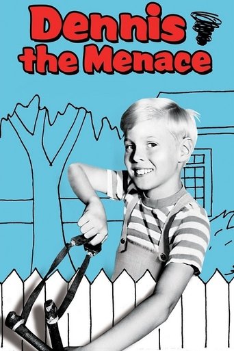 This TV show poster features a cheerful boy in a striped shirt holding a magnifying glass, set against a light blue background with a white picket fence. The bold red title "Dennis the Menace" dominates the top, conveying a playful and adventurous tone.