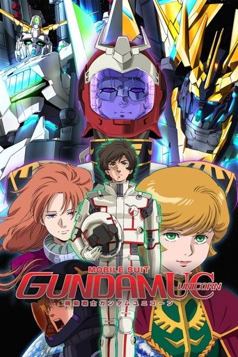 The poster features four animated characters in vibrant, dynamic poses against a backdrop of colorful, futuristic mechs. The mood is energetic and adventurous, with rich blues, greens, and golds dominating the scene. The title "GUNDAM" is prominently displayed in bold red letters at the bottom, e...