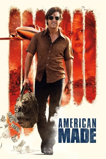 The poster features a man in sunglasses and a brown shirt walking confidently against a backdrop of red streaks. He carries a bag and holds a gun, suggesting action and danger. The bold text "AMERICAN MADE" anchors the image, emphasizing the film's theme of American craftsmanship.