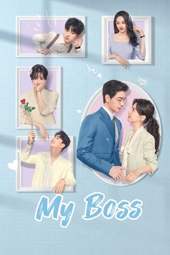 The poster features a tender scene between two characters in a soft blue background, with framed images of the couple in various poses. The warm tones of their clothing contrast with the cool blue backdrop, creating a romantic and intimate atmosphere. The title "My Boss" is prominently displayed ...