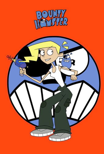 The poster features a cartoon bounty hunter with blonde hair, wearing a white shirt and green pants, holding a gun. She sits confidently on a large, stylized eye with a blue iris and white sclera. The background is a vibrant orange, and the title "Bounty Hamster" appears in bold, playful letterin...