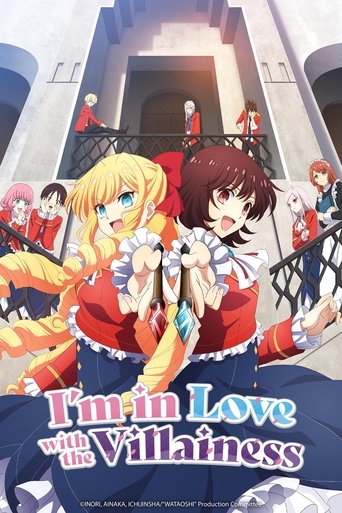This anime poster features a vibrant scene with two central characters in red dresses, surrounded by other characters in various outfits. The background showcases a grand, castle-like structure with a balcony, suggesting a magical or fantasy setting. The overall mood is whimsical and playful, wit...