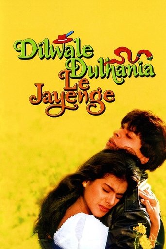 This movie poster features a romantic couple embracing against a vibrant yellow background, evoking a nostalgic and dreamy mood. The title "Dilwale Dulhania Le Jayenge" is prominently displayed in bold, stylized text, capturing the essence of their love story.